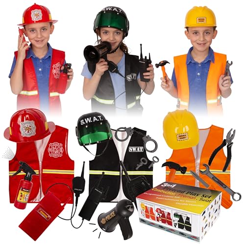 Tigerdoe Construction Costume for Kids - Construction Hat and Costume Vest - Dress Up Accessories for Children (3 Costume Sets - Construction, Swat and Fireman Costume)