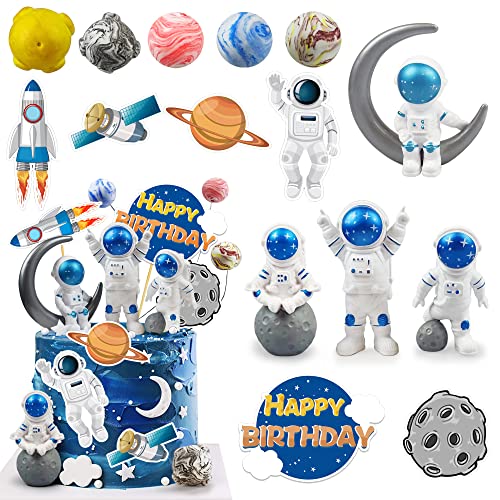 Astronaut Figurines Space Cake Toppers Astronaut Planet Rocket Satellite and Star Space DIY Cake Toppers for Space Theme Party Birthday Party Baby Shower Supplies (Blue)