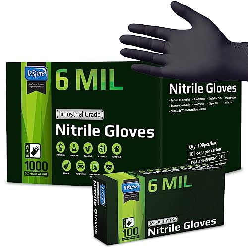 Inspire Black Nitrile Gloves | HEAVY DUTY 6 Mil Nitrile THE ORIGINAL Nitrile Medical Food Cleaning Disposable Black Gloves Cooking (Large, 100, Count)