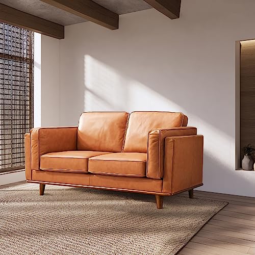 Valencia Artisan Sofa Leather | Premium Italian Rich Cognac Nappa 11000 Leather, Wood Frame and Legs, Ultimate Comfort (Row of 2 Loveseat, Cognac)