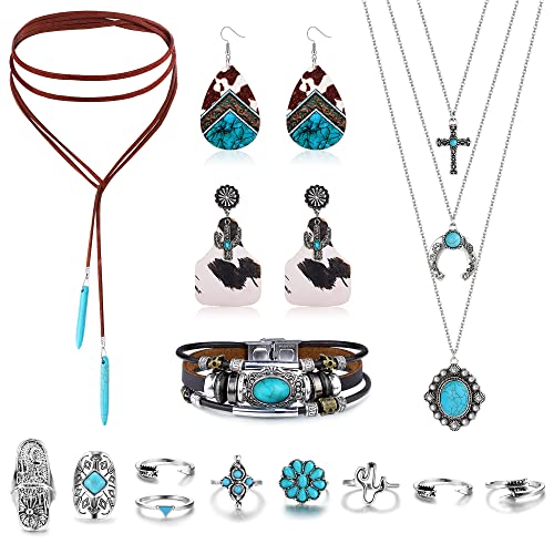Helicopchain Western Jewelry For Women Bohemian Turquoise Jewelry Set Turquoise Pendant Choker Necklaces Western Cowgirl Cowboy Earrings Turquoise Faux Leather Layered Bracelets Turquoise Joint Knuckle Finger Rings E