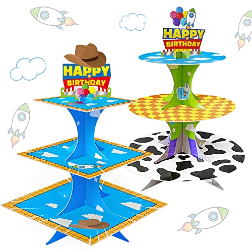 3-Tier Cartoon Story Cupcake Stand 2 Sets Cardboard Cake Stand Dessert Tower Holder for Toy Theme Birthday Decoration Baby Shower Party Supplies