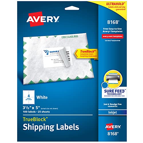 Avery Printable Shipping Labels with Sure Feed, 3.5' x 5', White, 100 Blank Mailing Labels (8168)