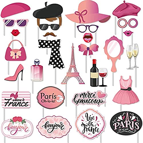 30 pcs Paris Photo Props Paris Party Photo Booth Props Kit Paris Themed Decoration French Photo Booth Props, Eiffel Tower, for oh la la Baby Shower Birthday Paris Theme Party Supplies