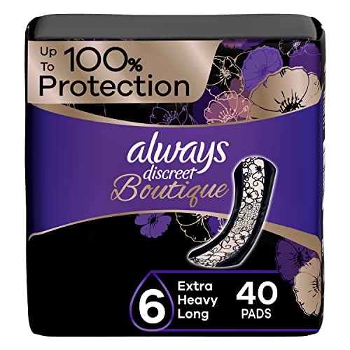 Always Discreet Boutique Incontinence Pads, for Bladder Leaks, Extra Heavy Absorbency, Long Length, 40 CT