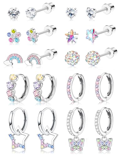 YADOCA 10 Pairs Hypoallergenic Screw Back Stud Earrings For Women Girls Surgical Steel Small Huggie Hoop Earrings Cute CZ Butterfly Hoop Dangle Earrings 20G Screwback Earrings Set