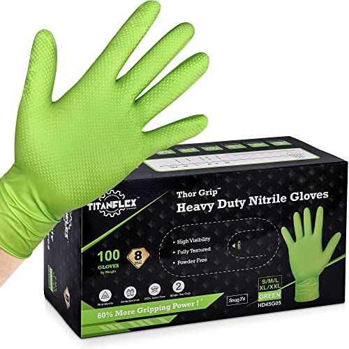 TITANflex Thor Grip Heavy Duty Green Industrial Nitrile Gloves, 8-mil, Large, Box of 100, Latex Free, Raised Diamond Texture Grip, Powder Free, Food Safe, Rubber Gloves, Mechanic Gloves