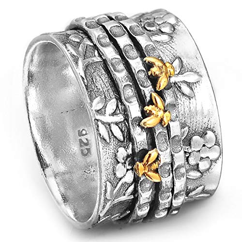 Boho-Magic Bee Spinner ring for Women 925 Sterling Silver and Brass Flower Fidget Rings Band (7)