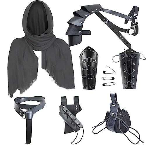 Medieval Knight Leather Men Renaissance Half Shoulder Cape Scarf Buckle Bracers Retro Sword Frog (Black)