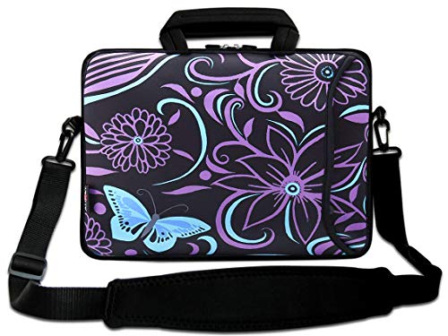 AUPET 16 16.5 17-17.3-Inch Water Resistant Neoprene Sleeve Notebook Neoprene Messenger Case Tote Bag with Outside Handle and Adjustable Shoulder Strap & Extra Pocket(Purple Flower)
