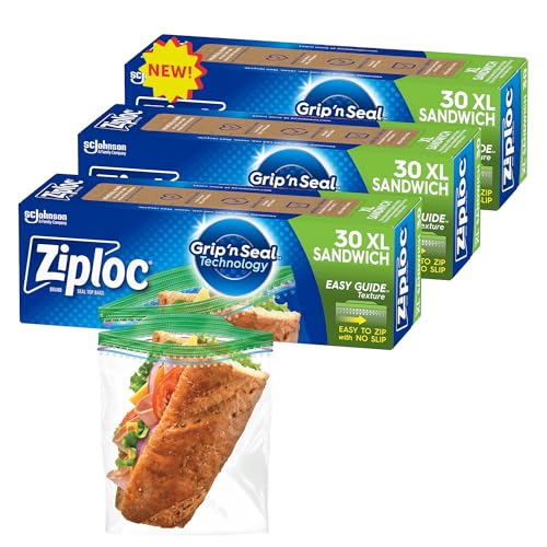 Ziploc XL Sandwich and Snack Bags for On the Go Freshness, Grip 'n Seal Technology for Easier Grip, Open, and Close, 30 Count, Pack of 3 (90 Total Bags)
