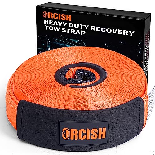 ORCISH Long Recovery Tow Straps, 2' x 66 FT Tow Straps Heavy Duty with Loops, Tow Rope for Truck, Vehicle Recovery Rope with Reinforced Loops and Protective Sleeves, Tree Saver Strap for Winching