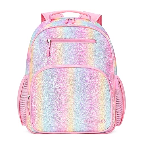mibasies Girls Backpack for Elementary School, Backpack for Girls 5-8, Glitter Rainbow Kids Backpacks for Girls