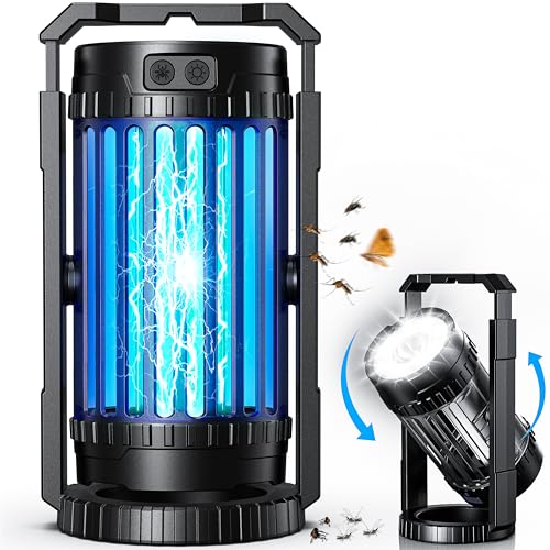 Bug Zapper Outdoor Indoor, Mosquito Zapper with Large-Capacity 5000mAh Battery, 4 in 1 Insect Fly Zapper with Spotlights, Rechargeable & Cordless for Camping, Fishing, Patio, Home Black