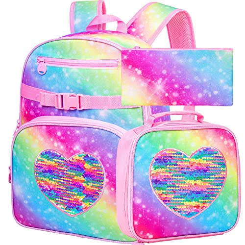 FTJCF 3PCS Backpack for Girls, 16' Kids Sequins Rainbow Bookbag with Lunch Box, Elementary Preschool Kindergarten School Bag Set - Pink