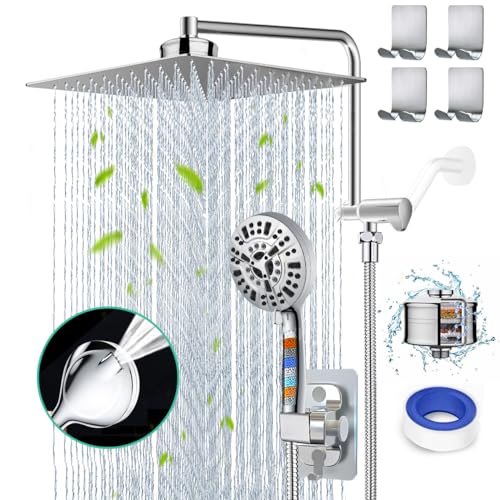 AMORIX Filtered Shower Head 12' Rain Shower Heads with Handheld Spray Combo 10 Settings Built-in 2 Power Wash, Dual Filter for Hard Water Rainfall Showerhead +12' Shower Extension Arm, 79' Shower Hose