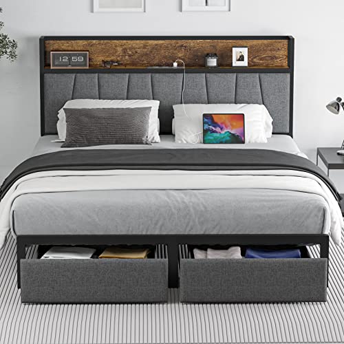 CIKUNASI Queen Size Bed Frame with Headboard and Storage, Drawers Platform Bed Frame with Storage Chargin Station LED Light Bed Frame, Heavy Duty, No Box Spring Needed