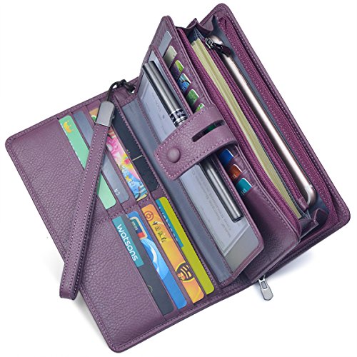 Bveyzi Women's Big Fat Rfid Leather Wristlet Wallet Organizer Large Phone Checkbook Holder with Zipper Pocket (Purple)