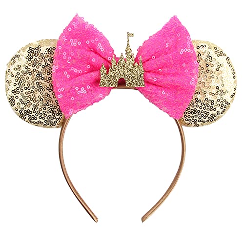 Foeran Mouse Ears Headbands Shiny Bows Mouse Ears Glitter Party Princess Decoration Cosplay Costume for Girls Women (Gold/Pink)