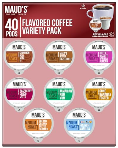 Maud's Flavored Coffee Variety Pack, 40ct. Recyclable Single Serve Flavored Coffee Pods - 100% Arabica Coffee California Roasted, KCup Compatible
