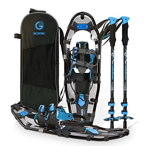 G2 30 Inches Light Weight Snowshoes for Women Men Youth, Set with Trekking Poles, Carrying Bag, Snow Baskets, Special EVA Padded One-Pull Binding, Heel Lift, Toe Box, Blue