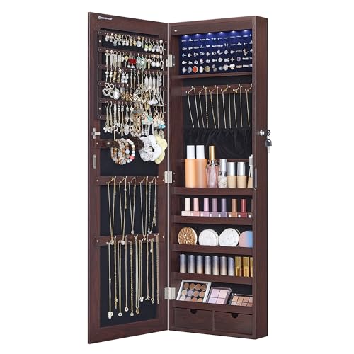 SONGMICS Hanging Jewelry Cabinet, Wall-Mounted Cabinet with LED Interior Lights, Door-Mounted Jewelry Organizer, Full-Length Mirror, Gift Idea, Brown UJJC99BR