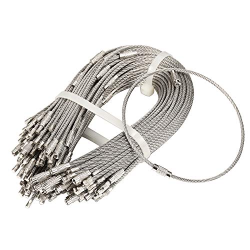 bayite Pack (100) Stainless Steel Wire Keychains Cable, Key Rings, Heavy Duty Luggage Tags Loops Tag Keepers 2mm Twist Barrel (Cable Length: 10 inches)