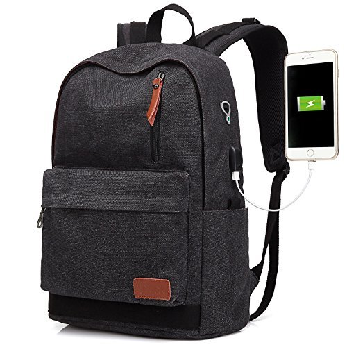UNIWALK Canvas Laptop Backpack, Waterproof College Backpack With USB Charging Port For Men Women, Vintage Anti-theft Travel Daypack Rucksack Fits up to 15.6 inch Computer(Black)