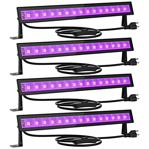 Onforu 4 Pack 27W LED Black Lights, Blacklight Bars with Plug and Switch, IP66 Waterproof Black Lights for Glow Party, Halloween Decorations, Bedroom, Classroom, Body Paint, Stage Lighting, Black