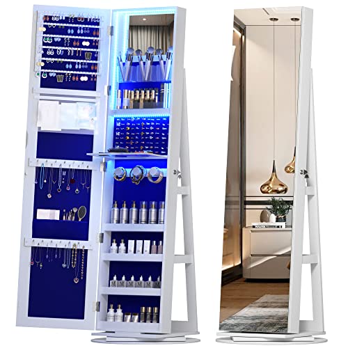 Vlsrka LED Jewelry Armoire with Full Length Mirror 360° Rotating, Jewelry Cabinet Large Standing Lockable Mirror Jewelry Organizer with Inner Makeup Mirror & Soft Velvet for Living Room Bedroom