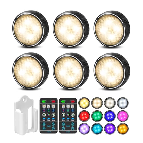 LED Puck Lights with Remote Control, Battery Operated Wireless Closet Lights, Under Cabinet Lighting Stick on Tap Push Lights, Color Changing Under Counter Lights for Kitchen, 6 Pack - Black