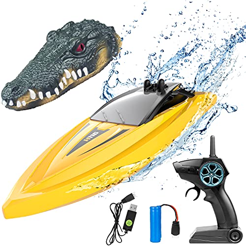 2 in 1 RC Boat for Kids, 2.4G Crocodile Remote Control Boat for Pools and Lakes Pond, Mini Yellow Speed Electric Floating Toys Boat with Disassembled Simulation Crocodile Head Spoof Pool Toy for Boy