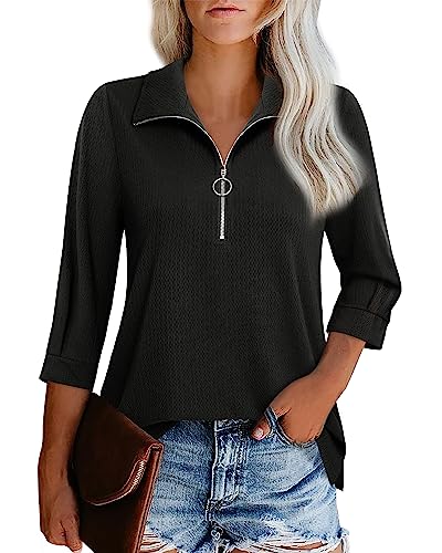 Vivilli Black Blouses for Women Dressy Casual Womens Fall Fashion 2023 3/4 Sleeve Cute Dressy Shirts Soft T-Shirt Business Casual Work Clothes Women V Neck Tunic Blouse Zippered Womens Polo Black L