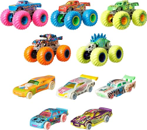 Hot Wheels Monster Trucks Glow in The Dark Multipack with 10 Toy Vehicles: 5 Monster Trucks & 5 1:64 Scale Cars, Collectible Toy for Kids Ages 4 to 8 Years Old, Medium