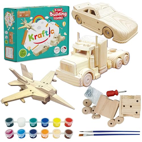 Kraftic Woodworking Building Kit for Kids and Adults, 3 Educational DIY Carpentry Construction Wood Model Kit Toy Projects for Boys and Girls - Build a Wooden Military Jet Race Car and Tractor Trailer