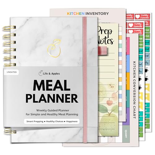 Life & Apples Meal Planner with Grocery List - Meal Prep, Menu Planning, Healthy Diet and Weight Loss Tracking, 1 Year Undated Food Journal 5 X 8 Inch Spiral Notebook, Marble