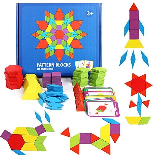 GEMEM 155 Pcs Wooden Pattern Blocks Set Geometric Shape Puzzle Kindergarten Classic Educational Montessori Tangram Toys for Kids Ages 4-8 with 24 Pcs Design Cards