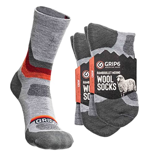 GRIP6 Everyday Merino Wool Socks - Lightweight Wool Hiking Socks - Warm Crew Socks for Men and Women - Cold Weather Gear - Overland Orange, Large (2-pack)