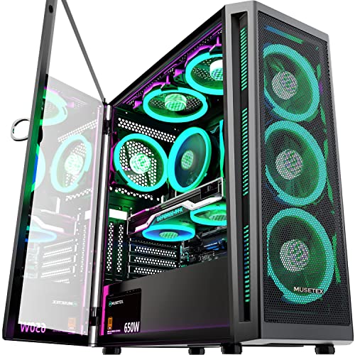 MUSETEX ATX PC Case Pre-Install 6 PWM ARGB Fans, Mid Tower Gaming Case with Opening Tempered Glass Side Panel Door, Mesh Computer Case, TW8