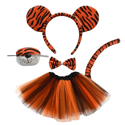 5 Pieces Kids Girls Tiger Costume Set Tiger Ear Headband Tail Nose Bow Tie Tutu Skirt for Halloween Cosplay Party (black, orange)