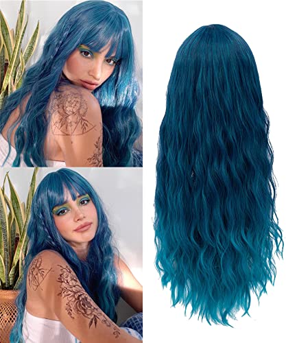 Netgo Teal Wig for Women, Dark Blue Wig with Bangs, Long Fluffy Curly Wavy Blue Hair Wigs for Girl Synthetic Daily Cosplay Party Wigs