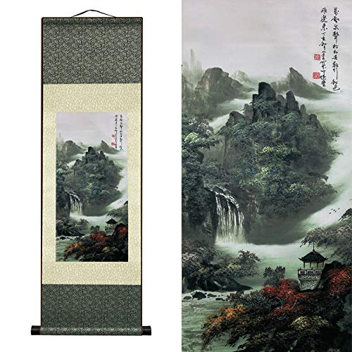 AtfArt Asian Wall Decor Beautiful Silk Scroll Painting Waterfall River Landscape Painting - Mountain Spring Autumn Color Oriental Decor Chinese Art Wall Scroll Hanging Painting Scroll (36.2 x 12 in)