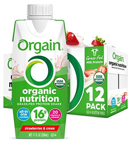 Orgain Organic Nutritional Protein Shake, Strawberries & Cream - 16g Grass Fed Whey Protein, Meal Replacement, 20 Vitamins & Minerals, Gluten Free, Soy Free, 11 Fl Oz (Pack of 12) (Packaging May Vary)