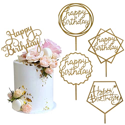 Gold Cake Topper Acrylic Happy Birthday Cake Decoration Supplies (5 Pieces)