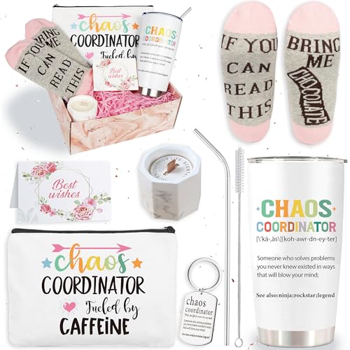 Women Chaos Coordinator Gifts Set - Thank You Gifts for Lady 20oz Insulated Tumbler Cosmetic Bags Scented Candles Gifts for Boss Mentors Coworker Manager Teacher Nurse Mom