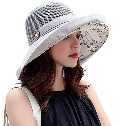 Women Mesh Sun Hats Summer Beach UV Protection UPF Packable Wide Brim Chin Strap (Grey)