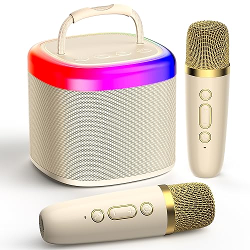 JYX Mini Karaoke Machine, Portable Bluetooth Karaoke Speaker Unpowered Cabinets with 2 Wireless Microphones and Party Lights for Kids and Adults, Birthday Gifts for Girls Boys Family Home Party(Beige)
