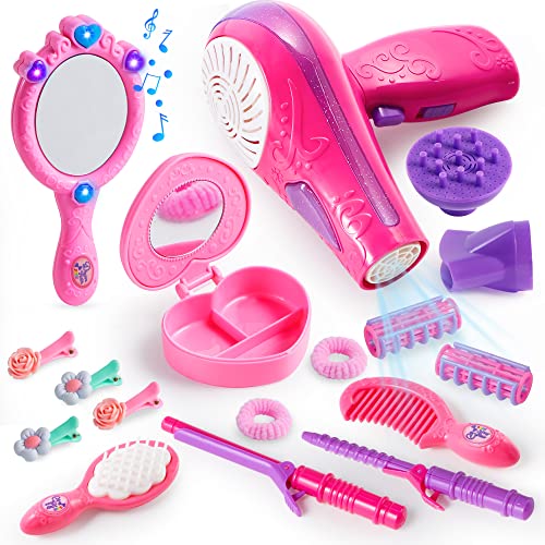 JOYIN 17Pcs Girls Beauty Salon Set, Pretend Play Doll Hair Stylist Toy Kit with Hairdryer, Mirror, Curling Iron and Other Accessories for Kids Toddler Fashion Cutting Makeup Party Favor, Birthday Gift