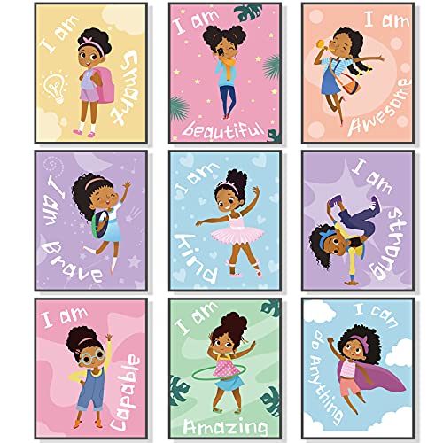 Outus 9 Pieces Black Girl Wall Decor for Girls Room Inspirational Quote African American Wall Art Motivational Saying Wall Decor for International Women's Day Girl Kids Bedroom Gift