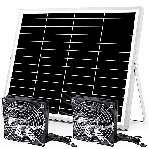 pqins 5 Inch Solar Powered Fan, Solar Exhaust Intake Fan Kit, IPX7 Waterproof Dual Fans with 13Ft On/Off Switch Cable, Cooling Ventilation for Greenhouse, Chicken Coop, Shed, Dog House, Outside